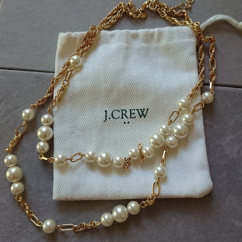 J. Crew Layered double strand faux pearl and gold tone Chain link necklace